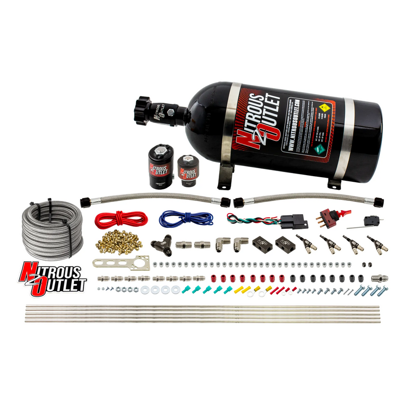 Nitrous Outlet 4 Cylinder Direct Port System - .122 Nitrous Solenoids/.177 Fuel Solenoids/Dual Passage Injection Rail/90 Degree Discharge Nozzles (Alcohol)(5-7-10 psi)(50-250HP)(10lb Bottle)