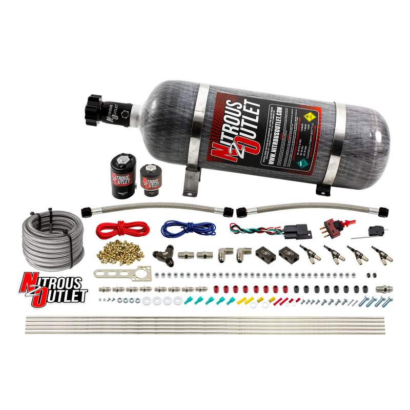 Nitrous Outlet 4 Cylinder Direct Port System - .122 Nitrous Solenoids/.177 Fuel Solenoids/Dual Passage Injection Rail/90 Degree Discharge Nozzles (Alcohol)(5-7-10 psi)(50-250HP)(12lb Bottle)