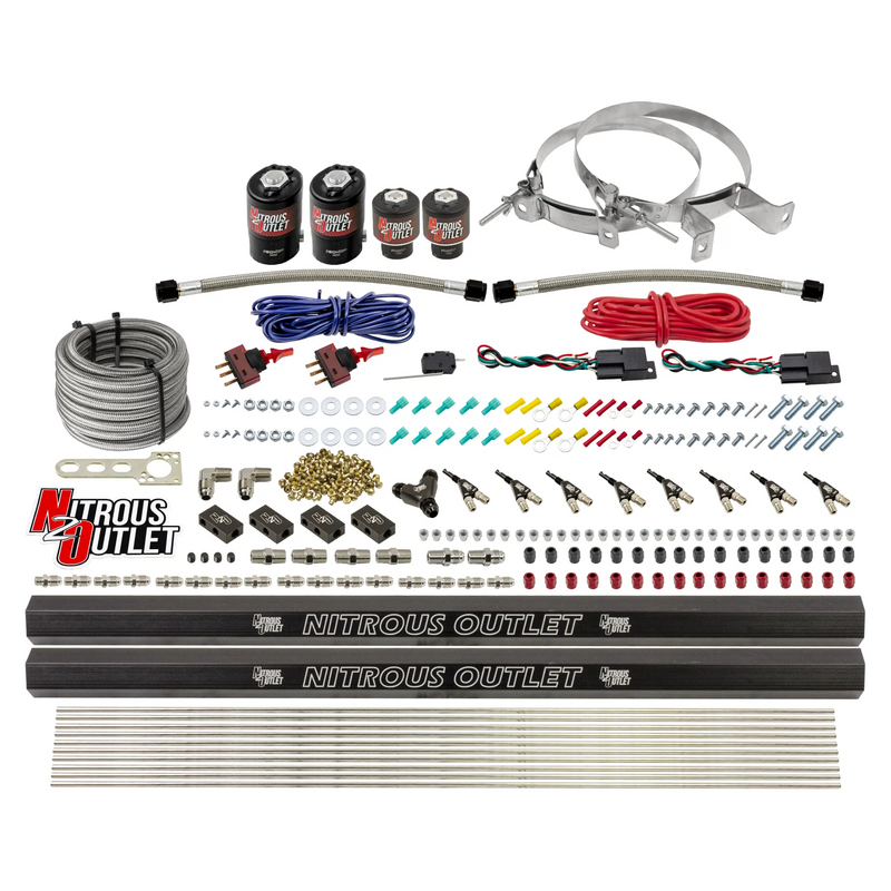 Nitrous Outlet 4 Cylinder Dual Stage Direct Port System - Two .122 Nitrous Solenoids/Two .177 Fuel Solenoids/Two Dual Passage Injection Rails/90 Degree Discharge Nozzles (Alcohol)(5-7-10 psi)(50-250HP)(No Bottle)