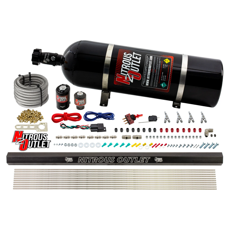 Nitrous Outlet 4 Cylinder Direct Port System - .122 Nitrous Solenoids/.177 Fuel Solenoids/Dual Passage Injection Rail/Annular Discharge Nozzles (Alcohol)(5-7-10 psi)(50-250HP)(15lb Bottle)