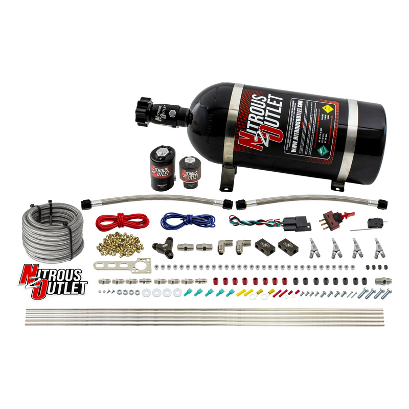 Nitrous Outlet 4 Cylinder Direct Port System - .122 Nitrous Solenoid/.177 Fuel Solenoid/Distribution Blocks/Annular Degree Discharge Nozzles (Alcohol)(5-7-10 psi)(50-250HP)(10lb Bottle)