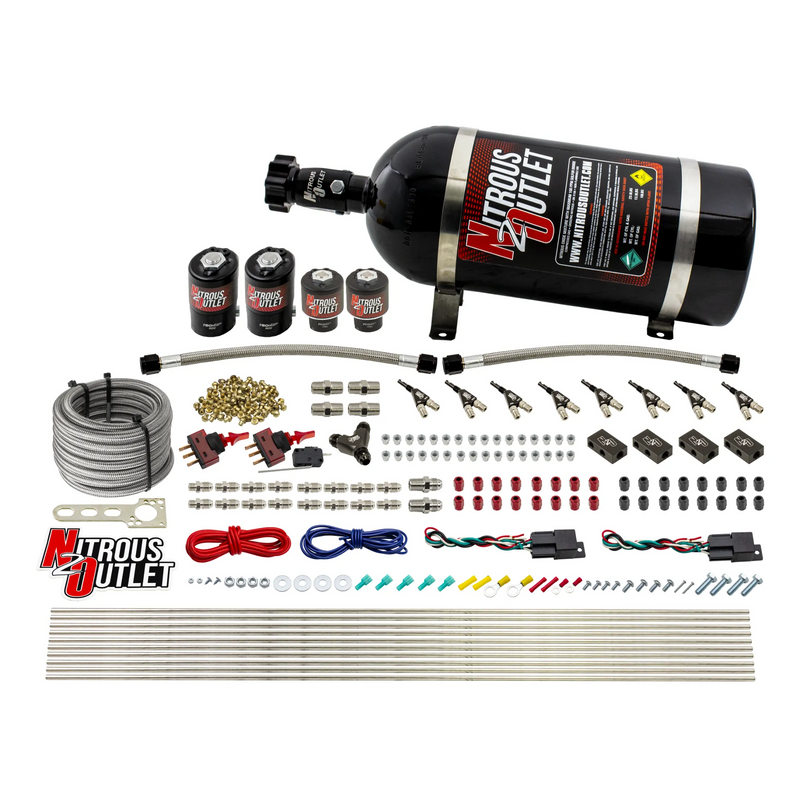 Nitrous Outlet 4 Cylinder Dual Stage Direct Port System - Two .122 Nitrous Solenoids/Two .177 Fuel Solenoids/Distribution Blocks/90 Degree Discharge Nozzles (Gas)(5-7-10 psi)(50-250HP)(10lb Bottle)