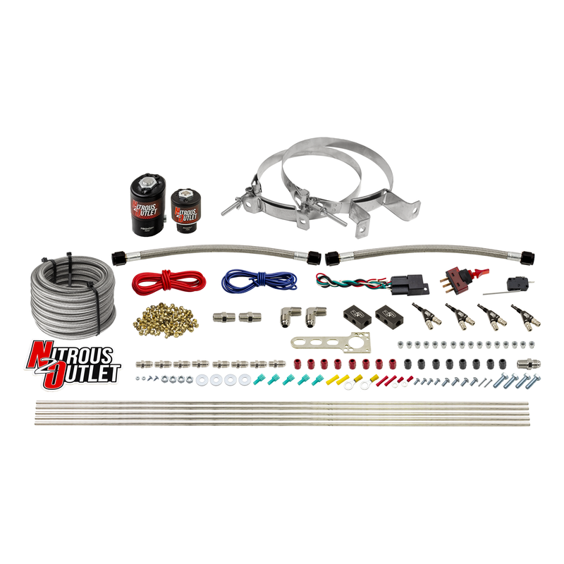 Nitrous Outlet 4 Cylinder Direct Port System - .122 Nitrous Solenoid/.177 Fuel Solenoid/Distribution Blocks/90 Degree Discharge Nozzles (E85)(5-7-10 psi)(50-250HP)(No Bottle)