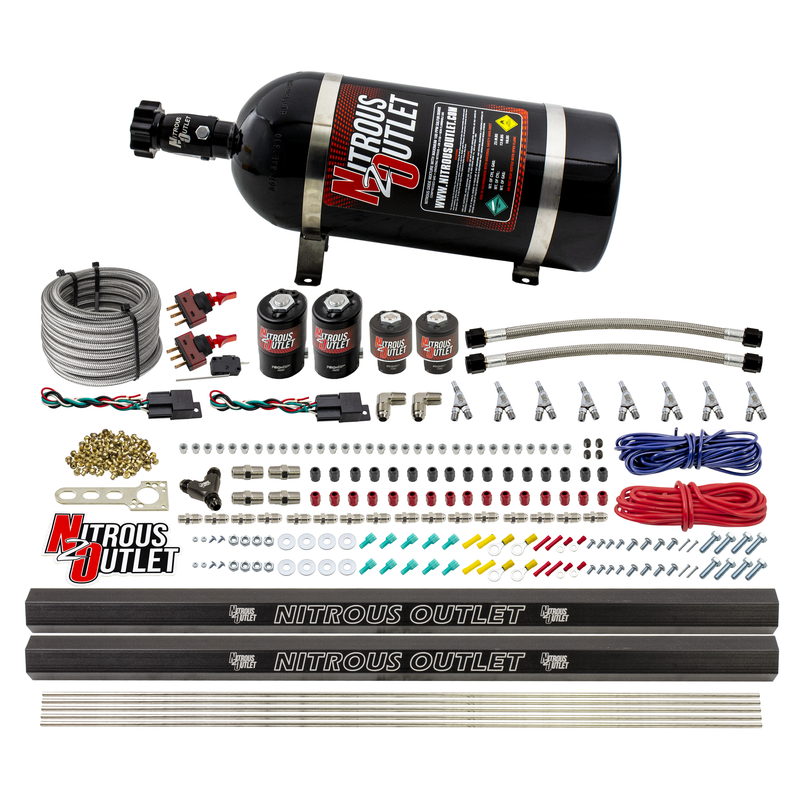 Nitrous Outlet 4 Cylinder Dual Stage Direct Port System - Two .122 Nitrous Solenoids/Two .177 Fuel Solenoids/Distribution Blocks/90 Degree Discharge Nozzles (E85)(45-55 psi)(50-250HP)(10lb Bottle)