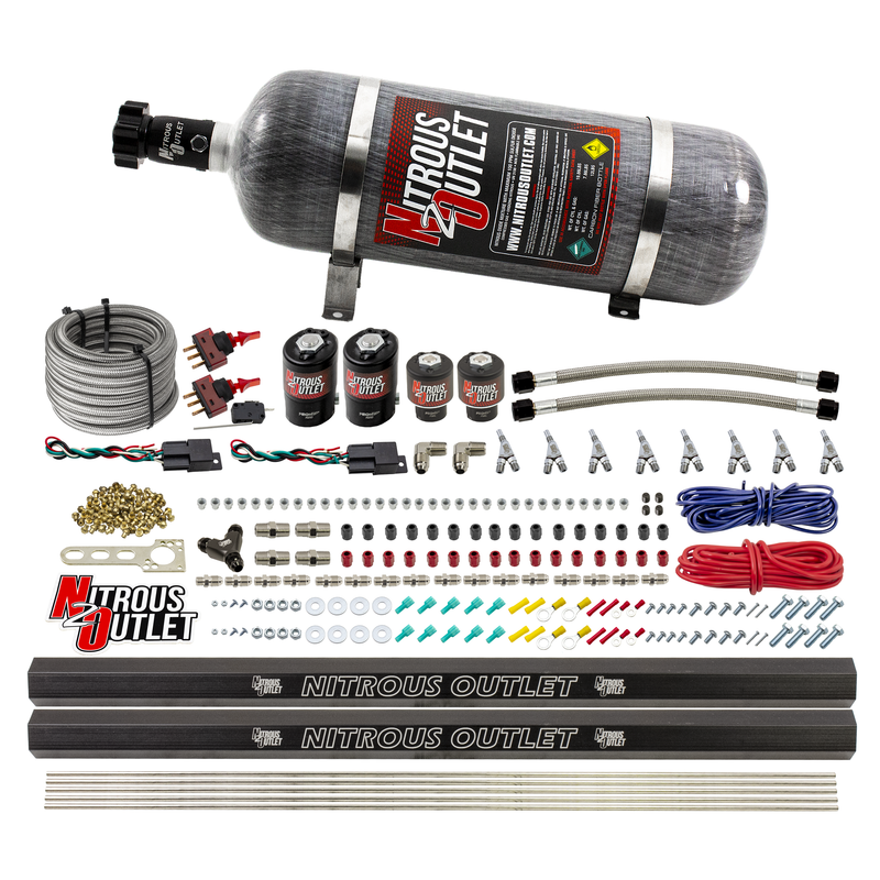 Nitrous Outlet 4 Cylinder Dual Stage Direct Port System - Two .122 Nitrous Solenoids/Two .177 Fuel Solenoids/Distribution Blocks/90 Degree Discharge Nozzles (E85)(45-55 psi)(50-250HP)(12lb Bottle)