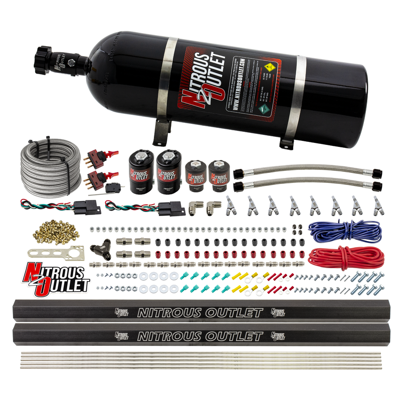 Nitrous Outlet 4 Cylinder Dual Stage Direct Port System - Two .122 Nitrous Solenoids/Two .177 Fuel Solenoids/Distribution Blocks/90 Degree Discharge Nozzles (E85)(45-55 psi)(50-250HP)(15lb Bottle)