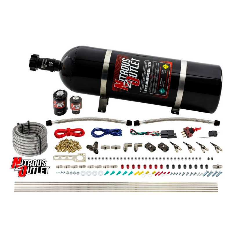 Nitrous Outlet 4 Cylinder Direct Port System - .122 Nitrous Solenoids/.177 Fuel Solenoids/Dual Passage Injection Rail/90 Degree Discharge Nozzles (Gas)(5-7-10 psi)(50-250HP)(15lb Bottle)