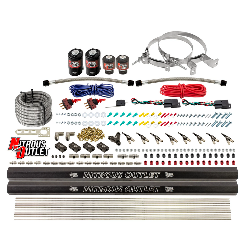 Nitrous Outlet 4 Cylinder Dual Stage Direct Port System - Two .122 Nitrous Solenoids/Two .177 Fuel Solenoids/Two Dual Passage Injection Rails/90 Degree Discharge Nozzles (Gas)(5-7-10 psi)(50-250HP)(No Bottle)