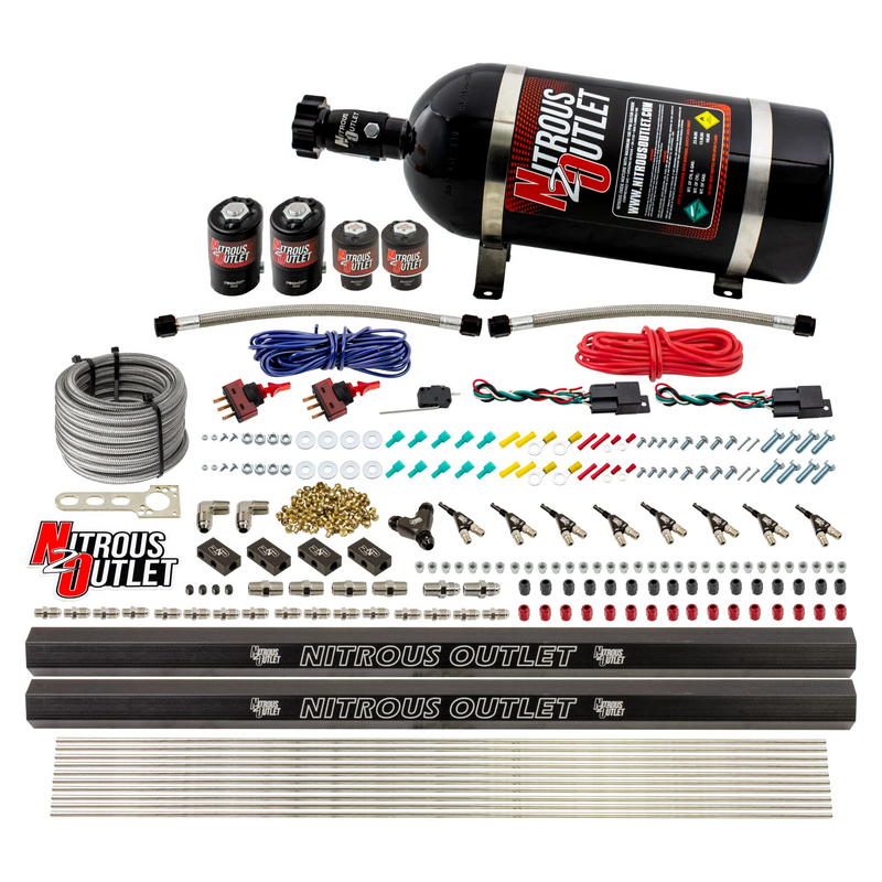 Nitrous Outlet 4 Cylinder Dual Stage Direct Port System - Two .122 Nitrous Solenoids/Two .177 Fuel Solenoids/Two Dual Passage Injection Rails/90 Degree Discharge Nozzles (Gas)(5-7-10 psi)(50-250HP)(10lb Bottle)