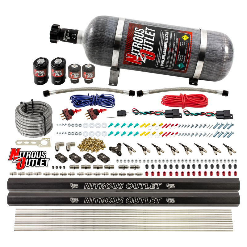 Nitrous Outlet 4 Cylinder Dual Stage Direct Port System - Two .122 Nitrous Solenoids/Two .177 Fuel Solenoids/Two Dual Passage Injection Rails/90 Degree Discharge Nozzles (Gas)(5-7-10 psi)(50-250HP)(12lb Bottle)