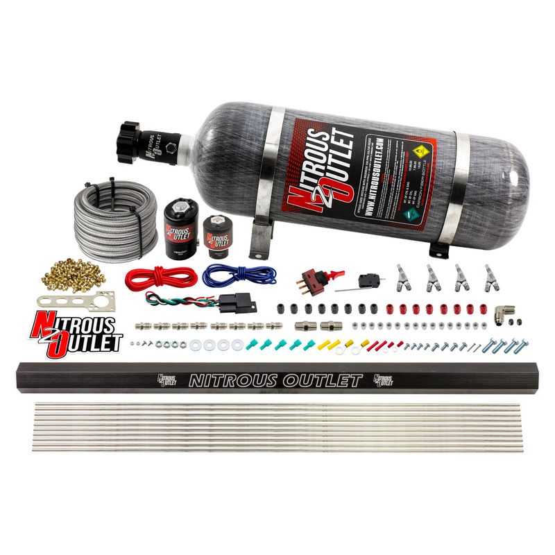 Nitrous Outlet 4 Cylinder Direct Port System - .122 Nitrous Solenoids/.177 Fuel Solenoids/Dual Passage Injection Rail/Annular Discharge Nozzles (Gas)(5-7-10 psi)(50-250HP)(12lb Bottle)