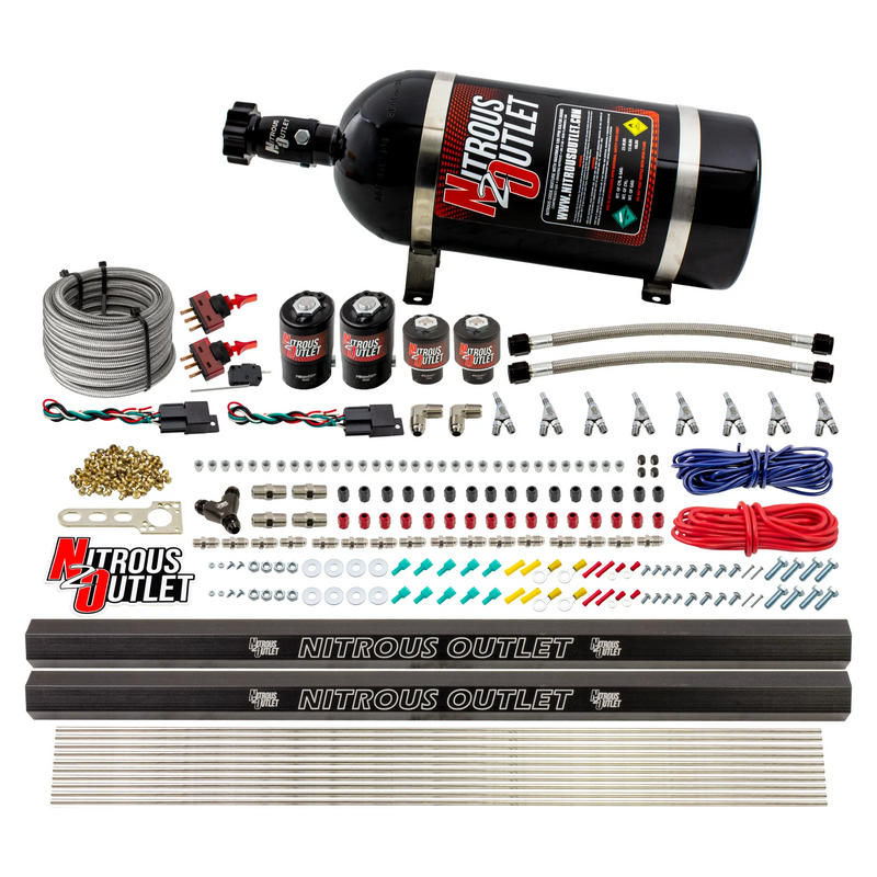 Nitrous Outlet 4 Cylinder Dual Stage Direct Port System - Two .122 Nitrous Solenoids/Two .177 Fuel Solenoids/Two Dual Passage Injection Rails/Annular Discharge Nozzles (Gas)(5-7-10 psi)(50-250HP)(10lb Bottle)