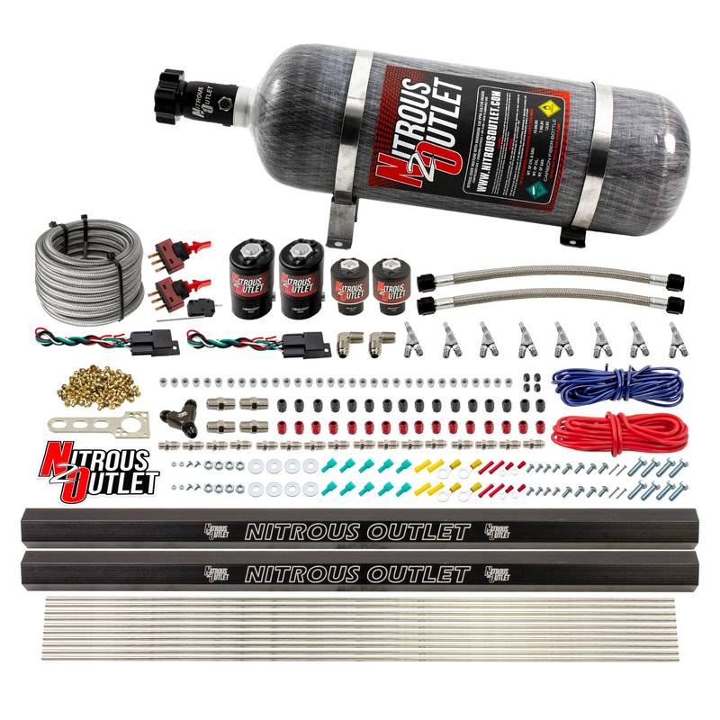 Nitrous Outlet 4 Cylinder Dual Stage Direct Port System - Two .122 Nitrous Solenoids/Two .177 Fuel Solenoids/Two Dual Passage Injection Rails/Annular Discharge Nozzles (Gas)(5-7-10 psi)(50-250HP)(12lb Bottle)