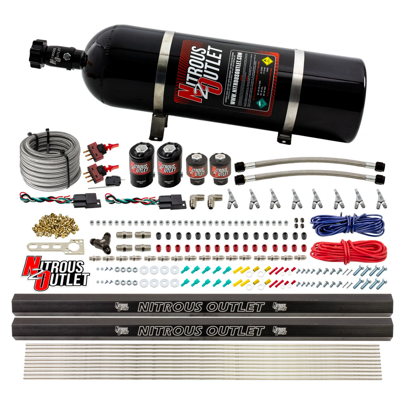 Nitrous Outlet 4 Cylinder Dual Stage Direct Port System - Two .122 Nitrous Solenoids/Two .177 Fuel Solenoids/Two Dual Passage Injection Rails/Annular Discharge Nozzles (Gas)(5-7-10 psi)(50-250HP)(15lb Bottle)