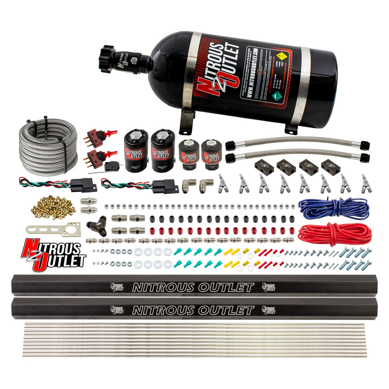 Nitrous Outlet 4 Cylinder Dual Stage Direct Port System - Two .122 Nitrous Solenoids/Two .177 Fuel Solenoids/Distribution Blocks/Annular Discharge Nozzles (Gas)(5-7-10 psi)(50-250HP)(10lb Bottle)