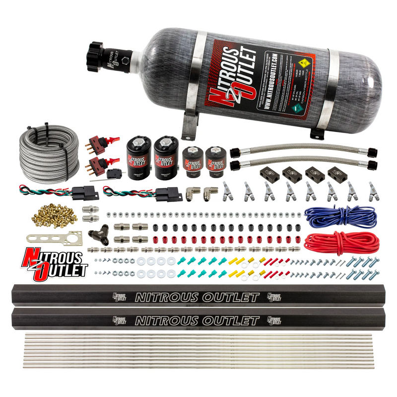 Nitrous Outlet 4 Cylinder Dual Stage Direct Port System - Two .122 Nitrous Solenoids/Two .177 Fuel Solenoids/Distribution Blocks/Annular Discharge Nozzles (Gas)(5-7-10 psi)(50-250HP)(12lb Bottle)