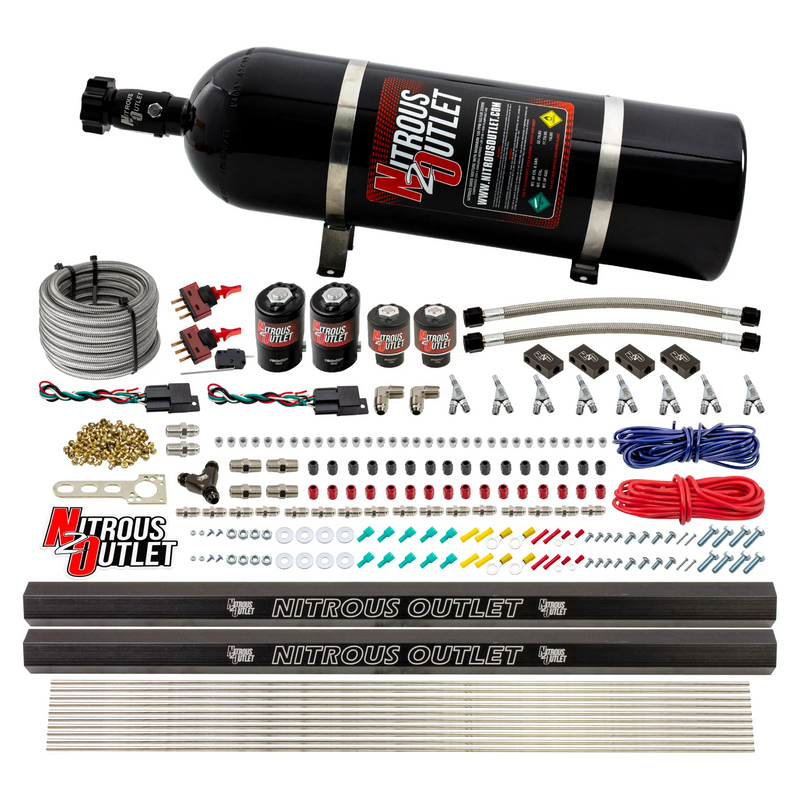 Nitrous Outlet 4 Cylinder Dual Stage Direct Port System - Two .122 Nitrous Solenoids/Two .177 Fuel Solenoids/Distribution Blocks/Annular Discharge Nozzles (Gas)(5-7-10 psi)(50-250HP)(15lb Bottle)