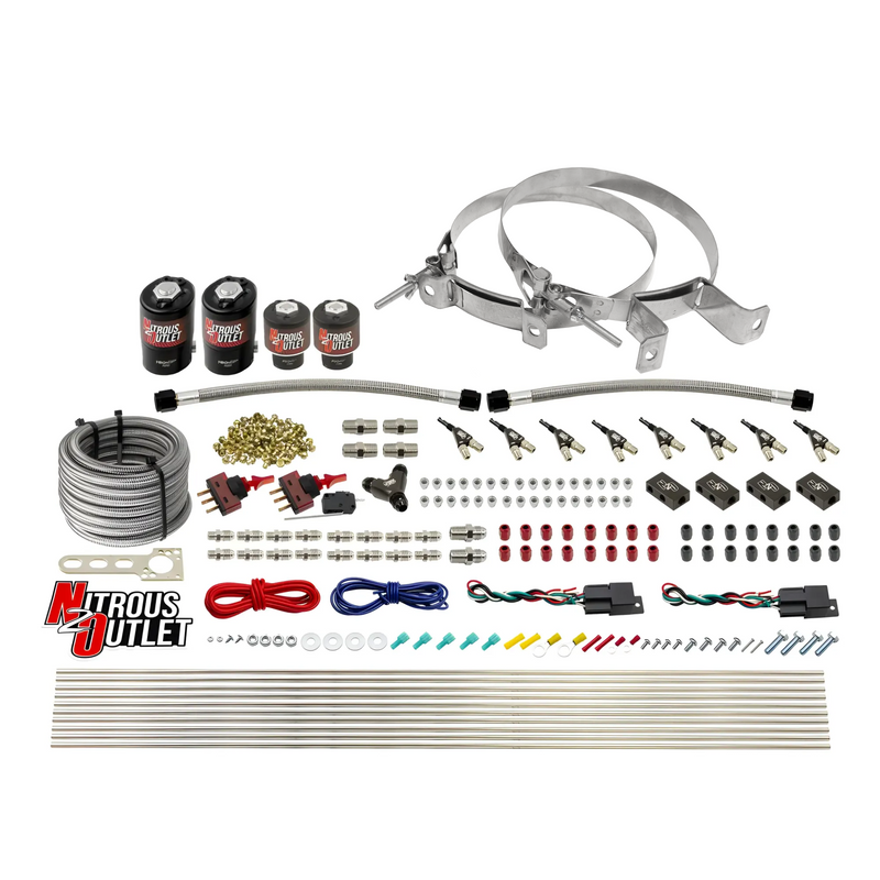 Nitrous Outlet 4 Cylinder Dual Stage Direct Port System - Two .122 Nitrous Solenoids/Two .177 Fuel Solenoids/Distribution Blocks/90 Degree Discharge Nozzles (Gas)(45-55 psi)(50-250HP)(No Bottle)