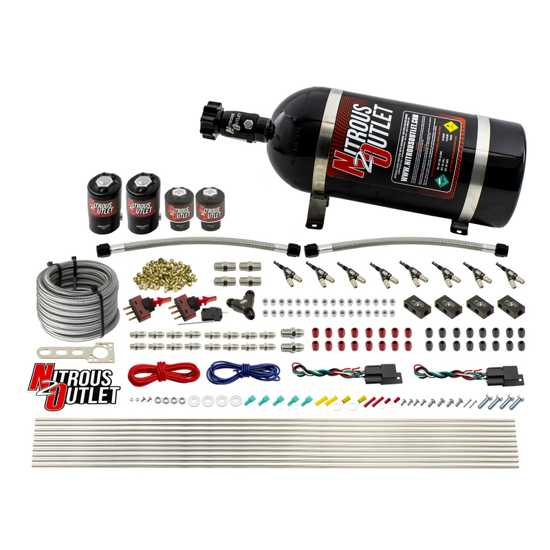 Nitrous Outlet 4 Cylinder Dual Stage Direct Port System - Two .122 Nitrous Solenoids/Two .177 Fuel Solenoids/Distribution Blocks/90 Degree Discharge Nozzles (Gas)(45-55 psi)(50-250HP)(10lb Bottle)
