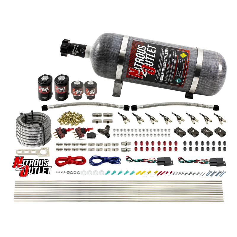 Nitrous Outlet 4 Cylinder Dual Stage Direct Port System - Two .122 Nitrous Solenoids/Two .177 Fuel Solenoids/Distribution Blocks/90 Degree Discharge Nozzles (Gas)(45-55 psi)(50-250HP)(12lb Bottle)