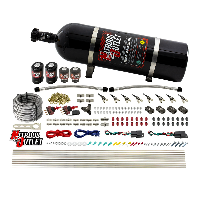 Nitrous Outlet 4 Cylinder Dual Stage Direct Port System - Two .122 Nitrous Solenoids/Two .177 Fuel Solenoids/Distribution Blocks/90 Degree Discharge Nozzles (Gas)(45-55 psi)(50-250HP)(15lb Bottle)