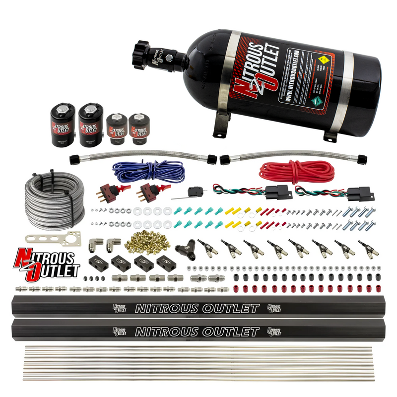 Nitrous Outlet 4 Cylinder Dual Stage Direct Port System - Two .122 Nitrous Solenoids/Two .177 Fuel Solenoids/Two Dual Passage Injection Rails/90 Degree Discharge Nozzles (E85)(45-55 psi)(50-250HP)(10lb Bottle)