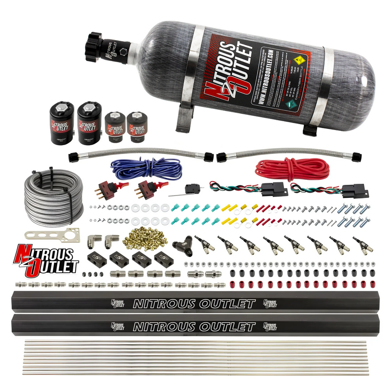 Nitrous Outlet 4 Cylinder Dual Stage Direct Port System - Two .122 Nitrous Solenoids/Two .177 Fuel Solenoids/Two Dual Passage Injection Rails/90 Degree Discharge Nozzles (E85)(45-55 psi)(50-250HP)(12lb Bottle)