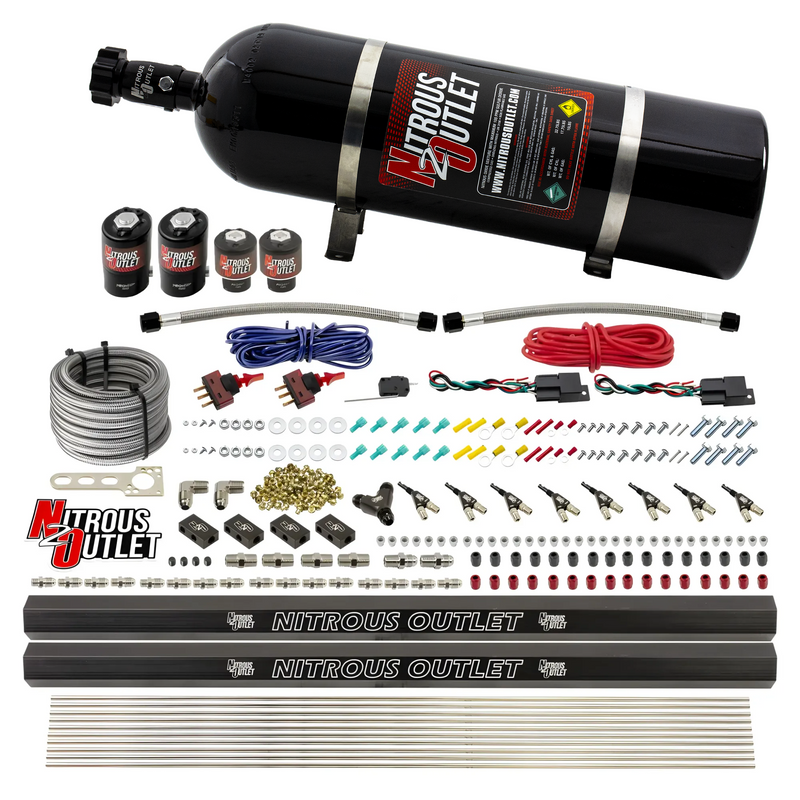 Nitrous Outlet 4 Cylinder Dual Stage Direct Port System - Two .122 Nitrous Solenoids/Two .177 Fuel Solenoids/Two Dual Passage Injection Rails/90 Degree Discharge Nozzles (E85)(45-55 psi)(50-250HP)(15lb Bottle)