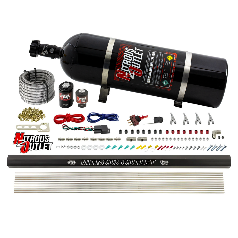 Nitrous Outlet 4 Cylinder Direct Port System - .122 Nitrous Solenoids/.177 Fuel Solenoids/Dual Passage Injection Rail/Annular Discharge Nozzles (E85)(45-55 psi)(50-250HP)(15lb Bottle)