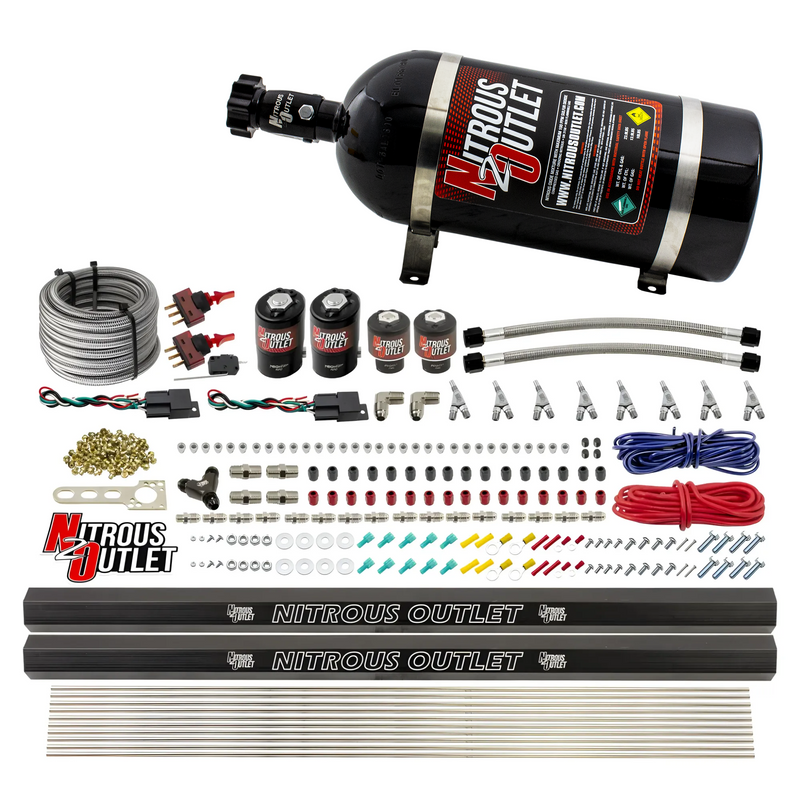 Nitrous Outlet 4 Cylinder Dual Stage Direct Port System - Two .122 Nitrous Solenoids/Two .177 Fuel Solenoids/Two Dual Passage Injection Rails/Annular Discharge Nozzles (E85)(45-55 psi)(50-250HP)(10lb Bottle)