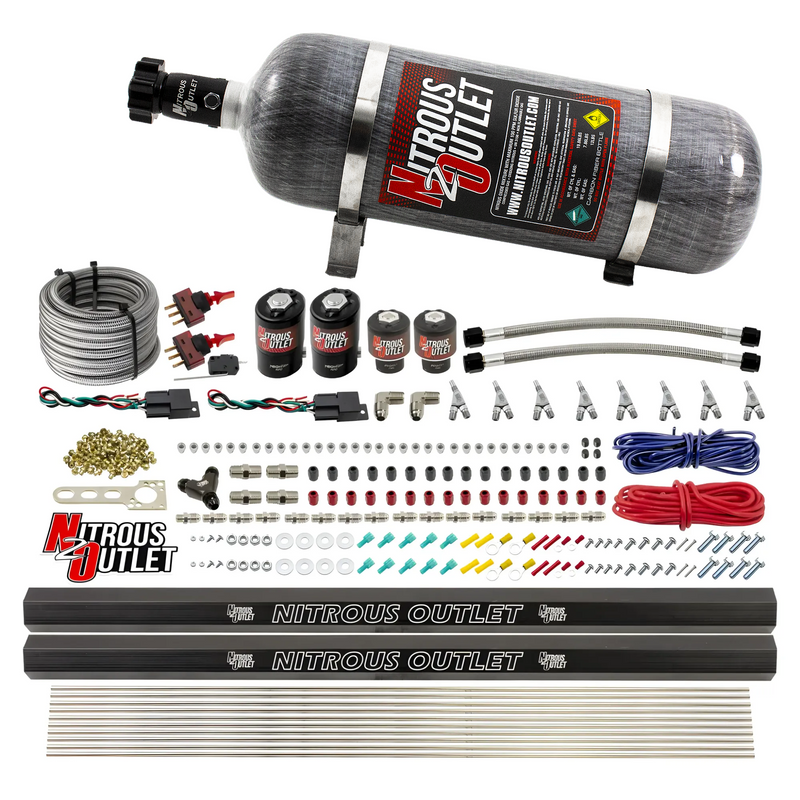 Nitrous Outlet 4 Cylinder Dual Stage Direct Port System - Two .122 Nitrous Solenoids/Two .177 Fuel Solenoids/Two Dual Passage Injection Rails/Annular Discharge Nozzles (E85)(45-55 psi)(50-250HP)(12lb Bottle)