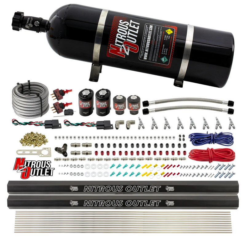 Nitrous Outlet 4 Cylinder Dual Stage Direct Port System - Two .122 Nitrous Solenoids/Two .177 Fuel Solenoids/Two Dual Passage Injection Rails/Annular Discharge Nozzles (E85)(45-55 psi)(50-250HP)(15lb Bottle)