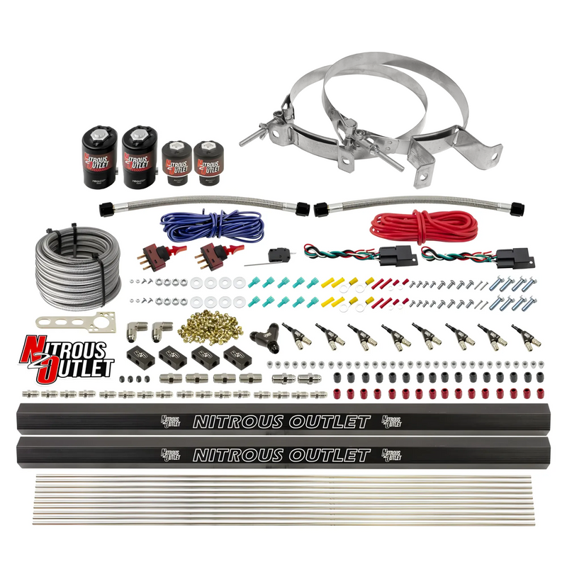Nitrous Outlet 4 Cylinder Dual Stage Direct Port System - Two .122 Nitrous Solenoids/Two .177 Fuel Solenoids/Two Dual Passage Injection Rails/90 Degree Discharge Nozzles (Gas)(45-55 psi)(50-250HP)(No Bottle)