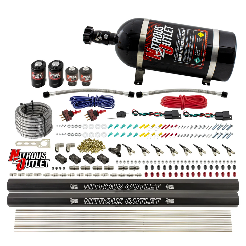 Nitrous Outlet 4 Cylinder Dual Stage Direct Port System - Two .122 Nitrous Solenoids/Two .177 Fuel Solenoids/Two Dual Passage Injection Rails/90 Degree Discharge Nozzles (Gas)(45-55 psi)(50-250HP)(10lb Bottle)