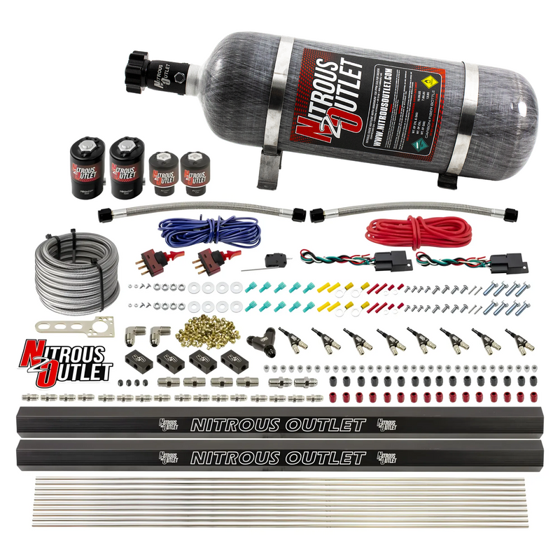 Nitrous Outlet 4 Cylinder Dual Stage Direct Port System - Two .122 Nitrous Solenoids/Two .177 Fuel Solenoids/Two Dual Passage Injection Rails/90 Degree Discharge Nozzles (Gas)(45-55 psi)(50-250HP)(12lb Bottle)