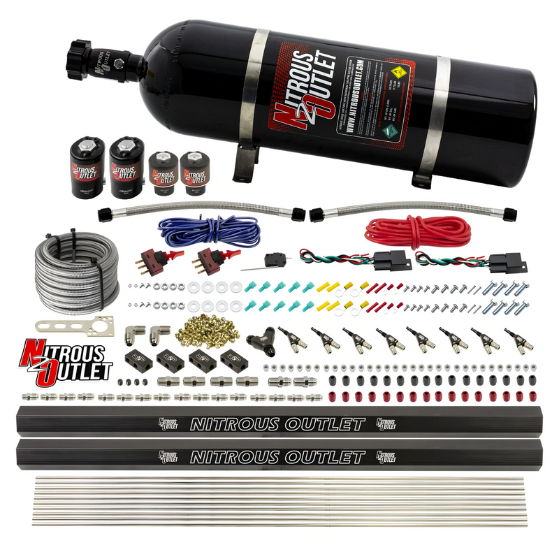 Nitrous Outlet 4 Cylinder Dual Stage Direct Port System - Two .122 Nitrous Solenoids/Two .177 Fuel Solenoids/Two Dual Passage Injection Rails/90 Degree Discharge Nozzles (Gas)(45-55 psi)(50-250HP)(15lb Bottle)