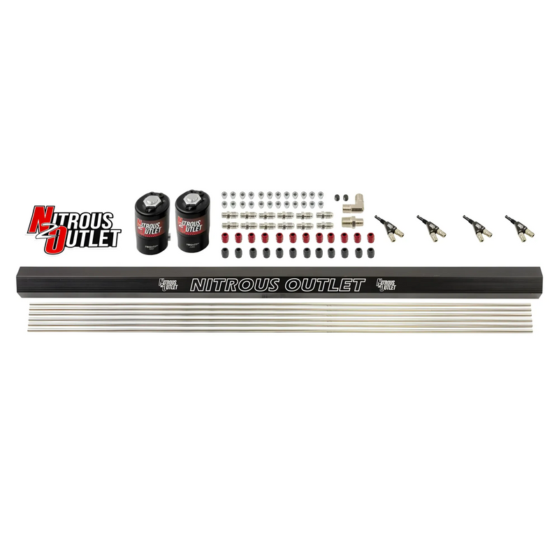 Nitrous Outlet 6 Cylinder Solenoids Forward Direct Port Plumbers Kit - .122 Nitrous Solenoid/.177 Fuel Solenoid/Dual Passage Injection Rail/90 Degree Discharge Nozzles