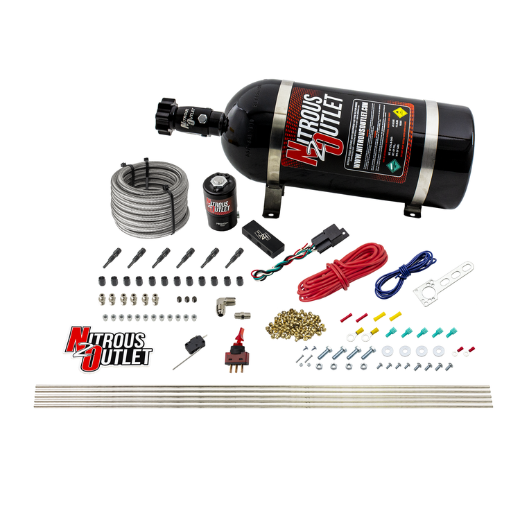 Nitrous Outlet Dry 6 Cylinder Direct Port System -.122 Nitrous Solenoid/Injection Rail/SBT Discharge Nozzles (75-375HP)(10lb Bottle)