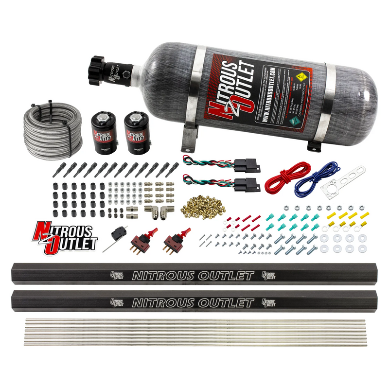 Nitrous Outlet Dry 6 Cylinder Dual Stage Direct Port System - Two .122 Nitrous Solenoids/Dual Passage Injection Rail/SBT Dual Passage Discharge Nozzles (75-375HP)(12lb Bottle)