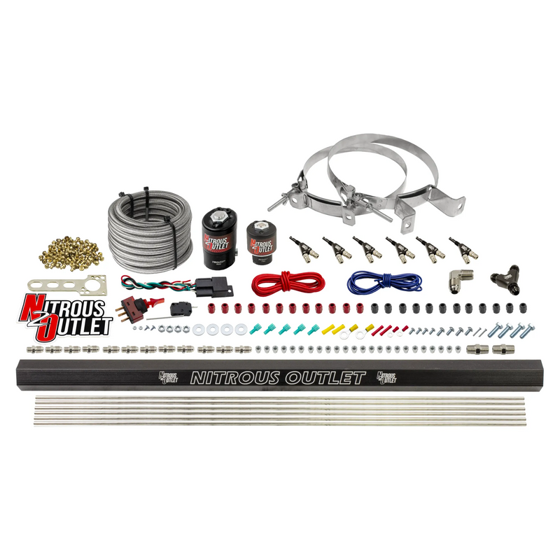 Nitrous Outlet 6 Cylinder Direct Port System - .122 Nitrous Solenoid/.177 Fuel Solenoid/Distribution Blocks/90 Degree Discharge Nozzles (Gas)(5-7-10 psi)(75-375HP)(No Bottle)