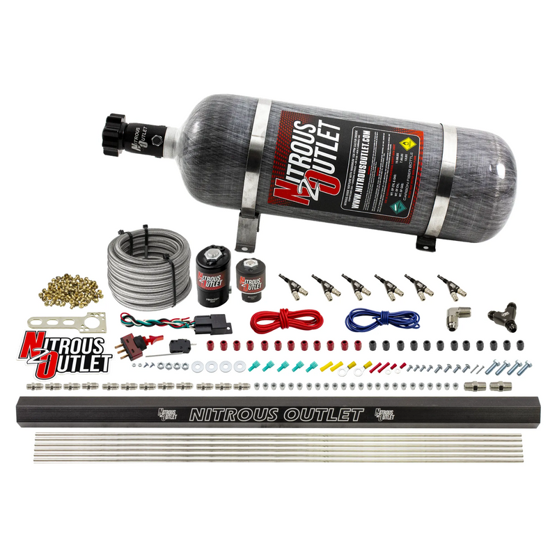 Nitrous Outlet 6 Cylinder Direct Port System - .122 Nitrous Solenoid/.177 Fuel Solenoid/Distribution Blocks/90 Degree Discharge Nozzles (Gas)(5-7-10 psi)(75-375HP)(12lb Bottle)