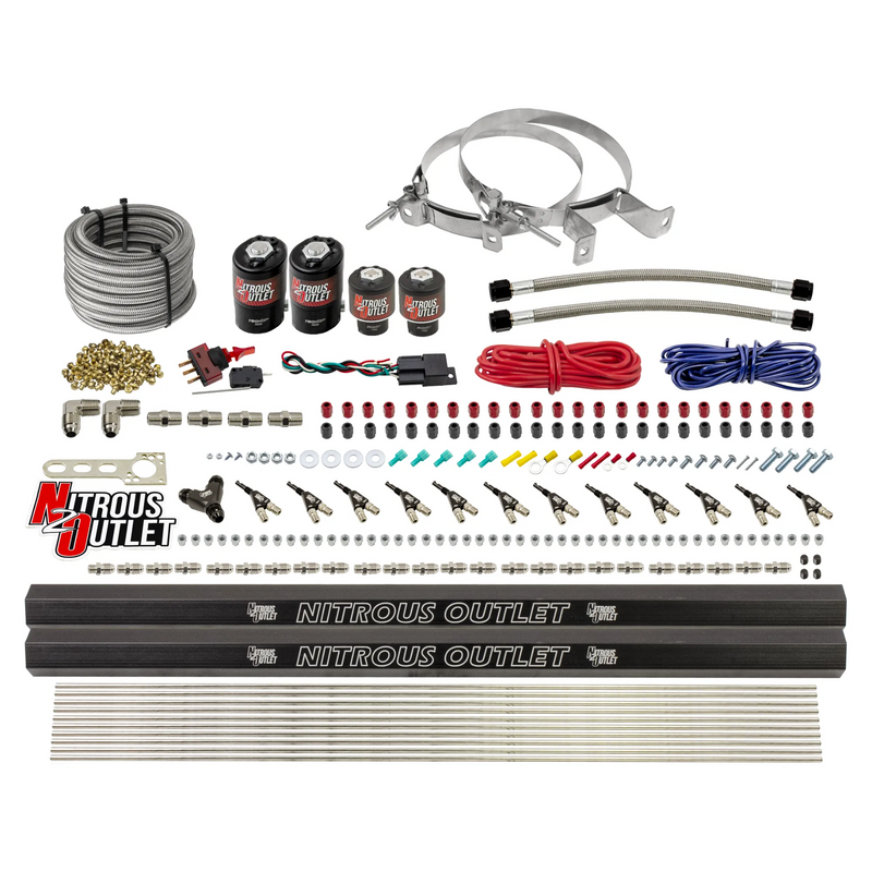 Nitrous Outlet 6 Cylinder Dual Stage Direct Port System - Two .122 Nitrous Solenoids/Two .177 Fuel Solenoids/Two Dual Passage Injection Rails/90 Degree Discharge Nozzles (Alcohol)(5-7-10 psi)(75-375HP)(No Bottle)