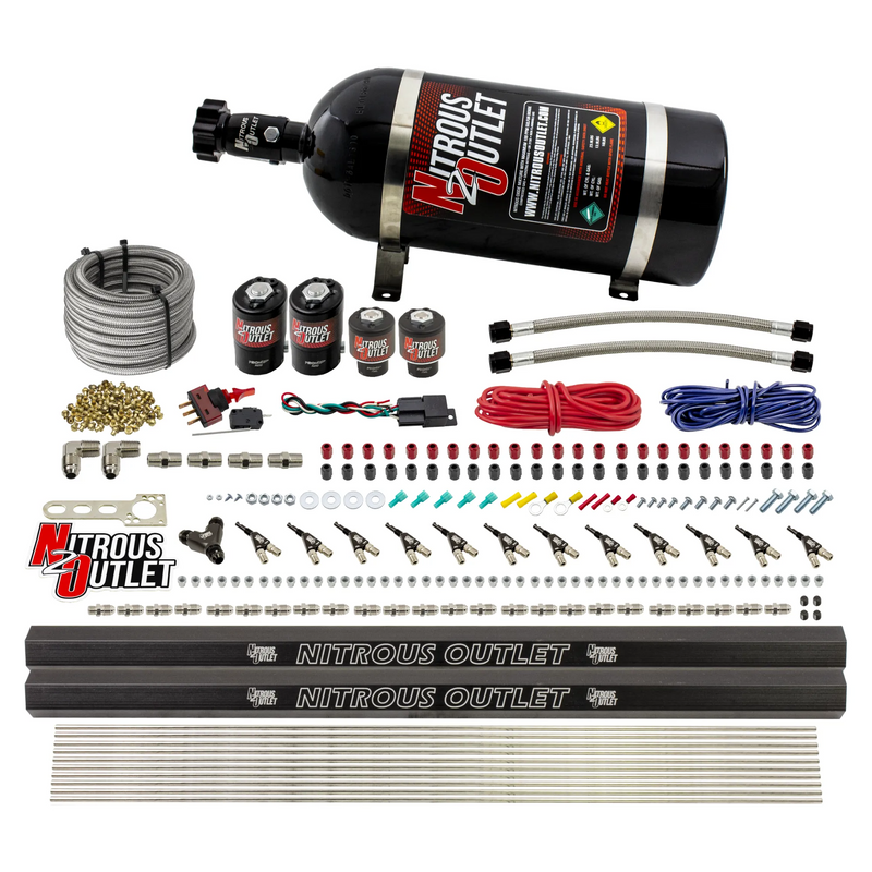 Nitrous Outlet 6 Cylinder Dual Stage Direct Port System - Two .122 Nitrous Solenoids/Two .177 Fuel Solenoids/Two Dual Passage Injection Rails/90 Degree Discharge Nozzles (Alcohol)(5-7-10 psi)(75-375HP)(10lb Bottle)