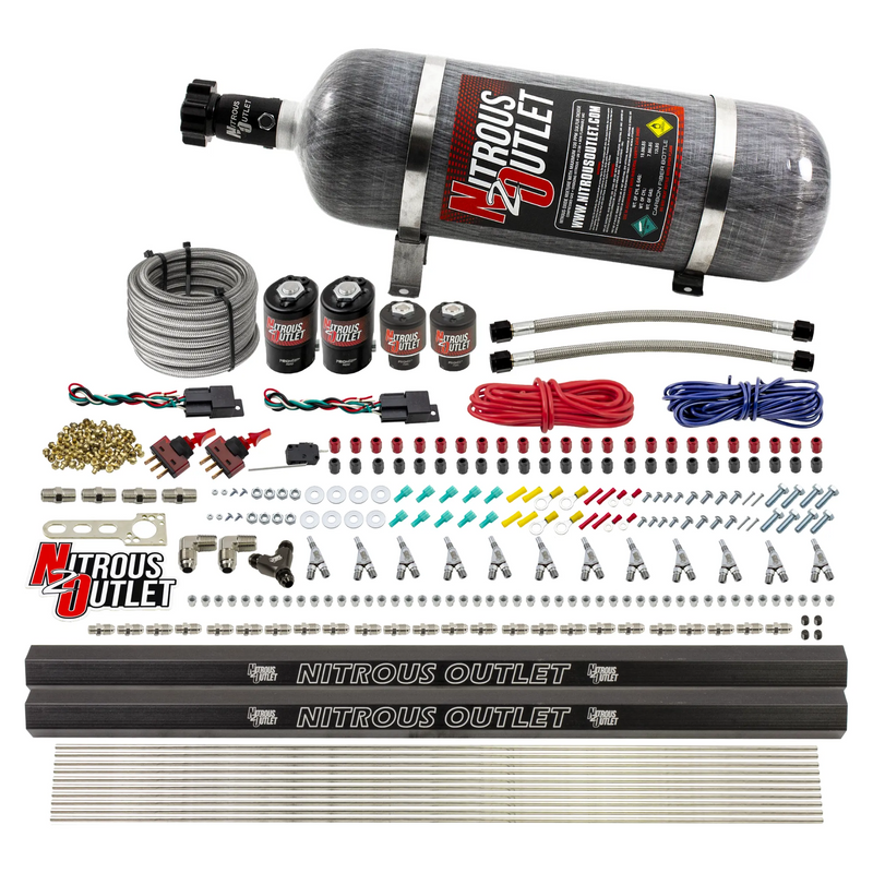 Nitrous Outlet 6 Cylinder Dual Stage Direct Port System - Two .122 Nitrous Solenoids/Two .177 Fuel Solenoids/Two Dual Passage Injection Rails/Annular Discharge Nozzles (Alcohol)(5-7-10 psi)(75-375HP)(12lb Bottle)