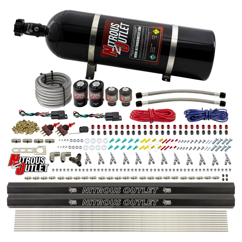 Nitrous Outlet 6 Cylinder Dual Stage Direct Port System - Two .122 Nitrous Solenoids/Two .177 Fuel Solenoids/Two Dual Passage Injection Rails/Annular Discharge Nozzles (Alcohol)(5-7-10 psi)(75-375HP)(15lb Bottle)