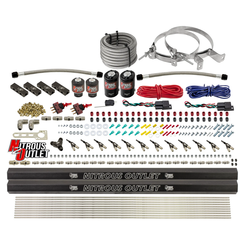 Nitrous Outlet 6 Cylinder Dual Stage Direct Port System - Two .122 Nitrous Solenoids/Two .177 Fuel Solenoids/Distribution Blocks/90 Degree Discharge Nozzles (Gas)(5-7-10 psi)(75-375HP)(No Bottle)