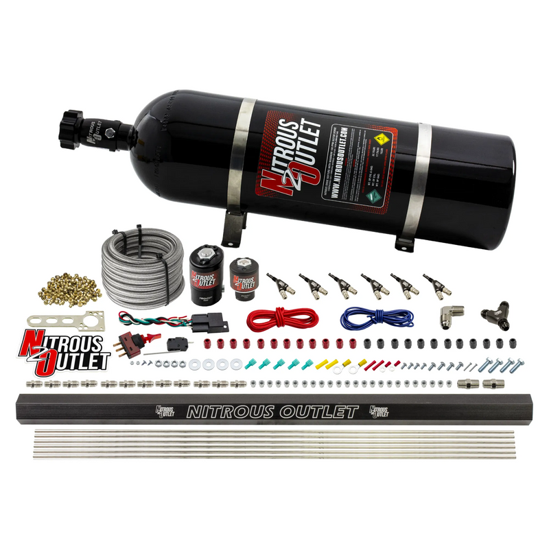 Nitrous Outlet 6 Cylinder Direct Port System - .122 Nitrous Solenoid/.177 Fuel Solenoid/Distribution Blocks/90 Degree Discharge Nozzles (E85)(5-7-10 psi)(75-375HP)(15lb Bottle)