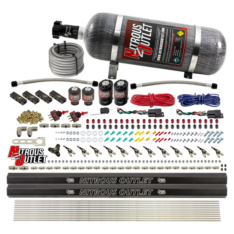 Nitrous Outlet 6 Cylinder Dual Stage Direct Port System - Two .122 Nitrous Solenoids/Two .177 Fuel Solenoids/Distribution Blocks/90 Degree Discharge Nozzles (E85)(5-7-10 psi)(75-375HP)(12lb Bottle)