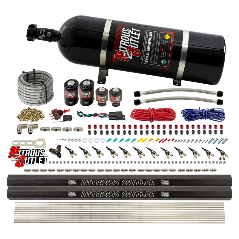 Nitrous Outlet 6 Cylinder Dual Stage Direct Port System - Two .122 Nitrous Solenoids/Two .177 Fuel Solenoids/Two Dual Passage Injection Rails/90 Degree Discharge Nozzles (E85)(5-7-10 psi)(75-375HP)(15lb Bottle)
