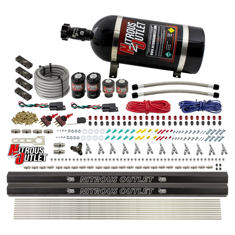 Nitrous Outlet 6 Cylinder Dual Stage Direct Port System - Two .122 Nitrous Solenoids/Two .177 Fuel Solenoids/Distribution Blocks/Annular Discharge Nozzles (E85)(5-7-10 psi)(75-375HP)(10lb Bottle)